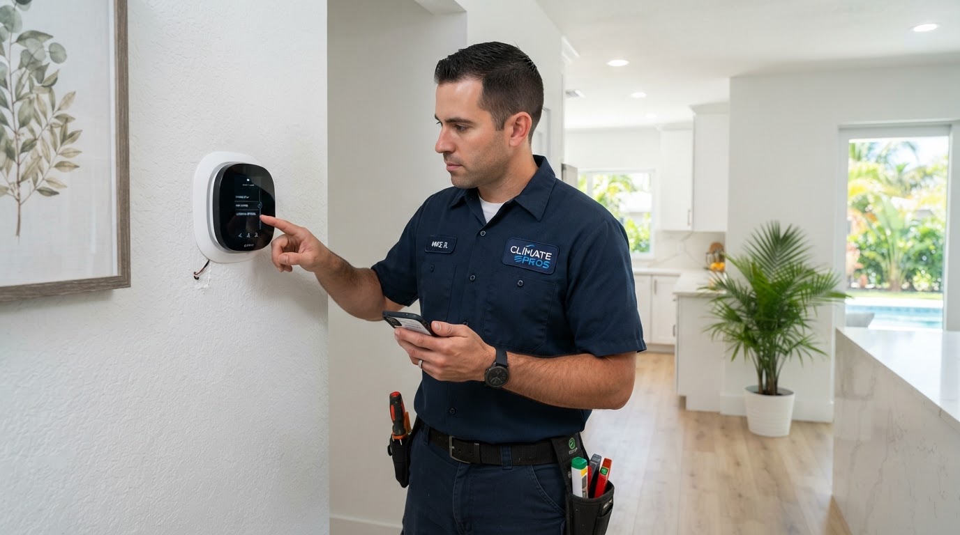 Smart thermostat mounted on a wall displaying cooling settings
