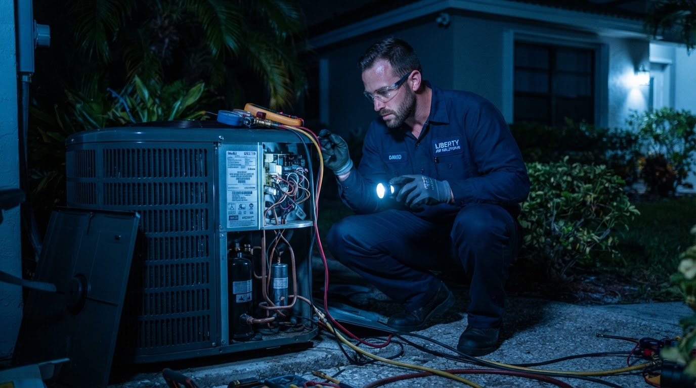 Technician responding to an emergency AC repair call at night