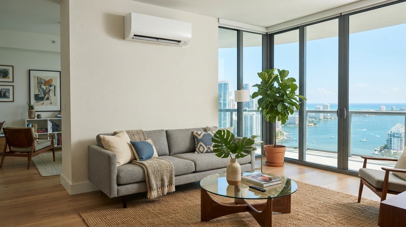 Wall-mounted ductless mini-split indoor unit installed in a room