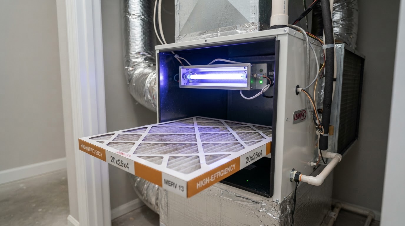 Indoor air quality equipment including filtration and UV germicidal light at the air handler
