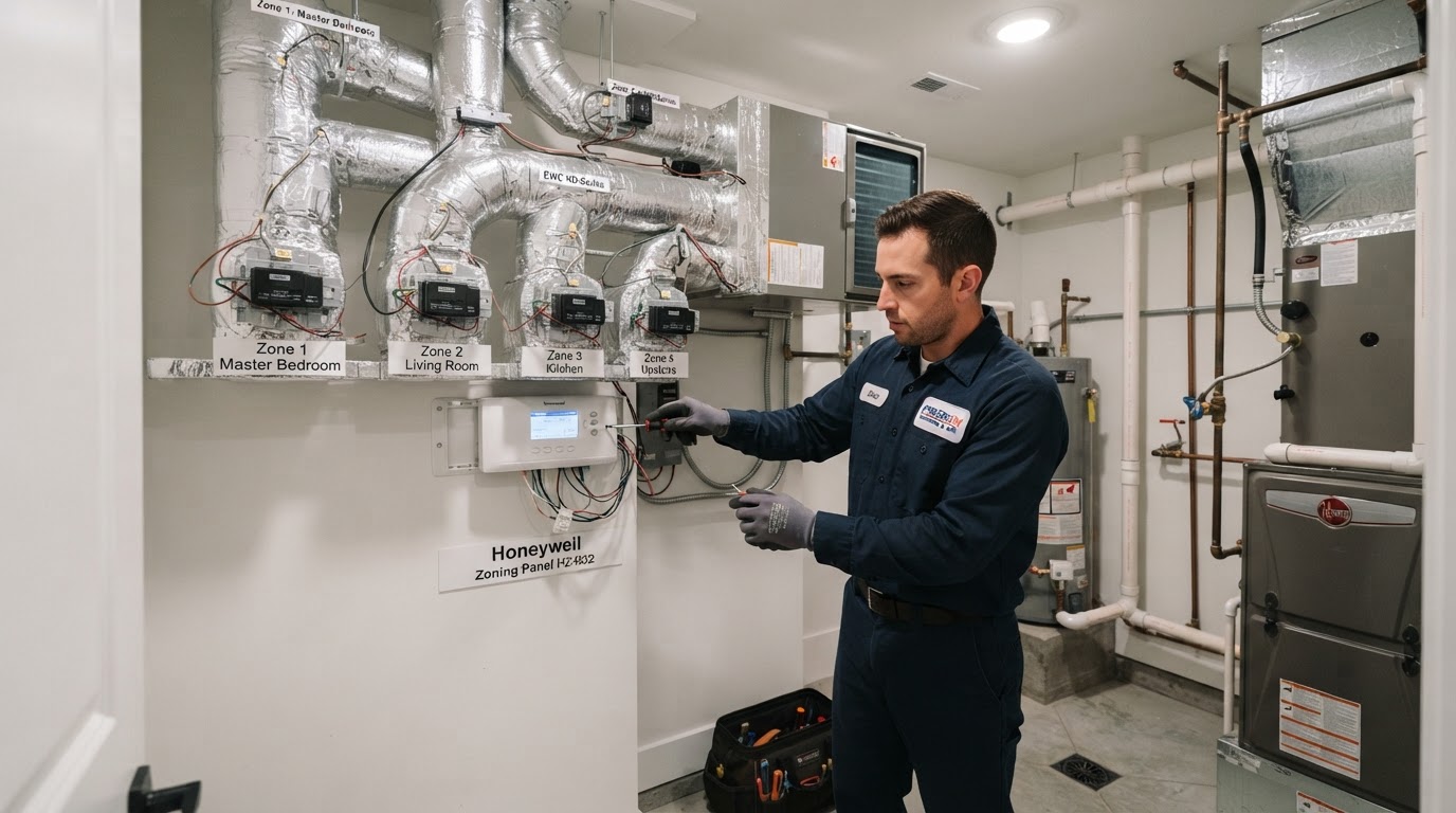 Zoned HVAC system with motorized dampers and multiple thermostats