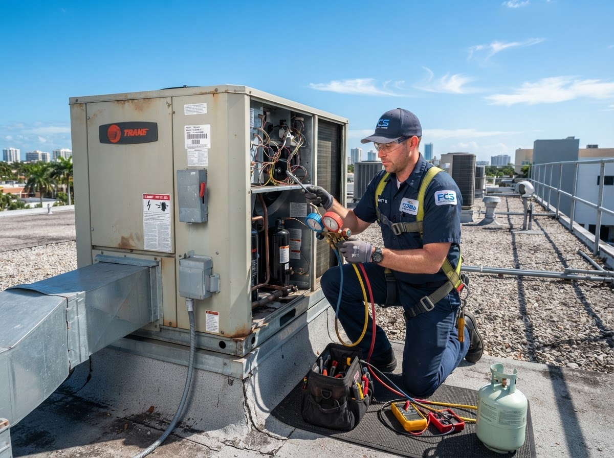 HVAC technician servicing an air conditioner in Pompano Beach, FL
