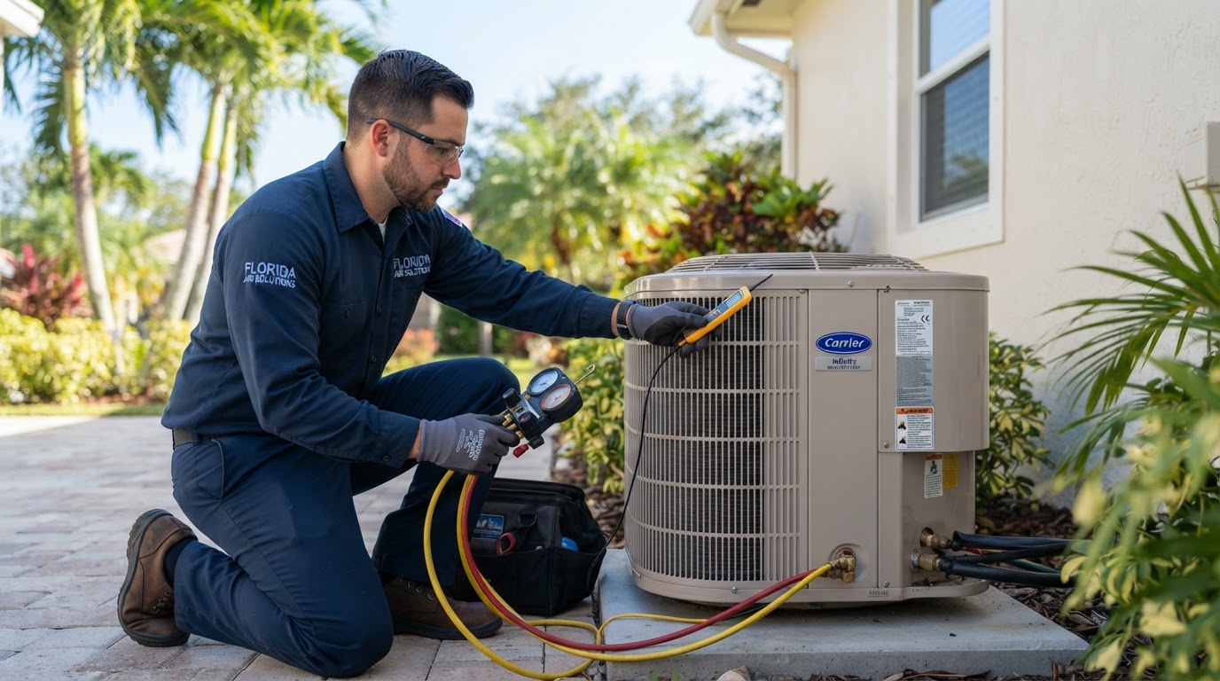 HVAC technician servicing an air conditioning unit in South Florida