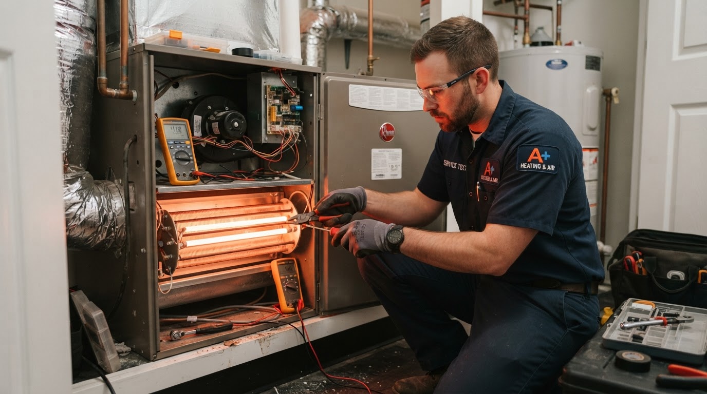 Technician servicing a heating system during a South Florida cold snap