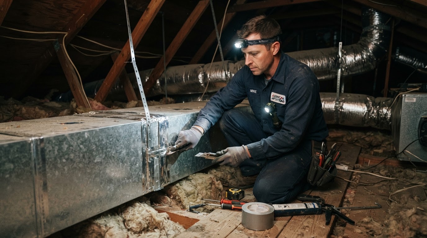 Technician inspecting and sealing residential ductwork in an attic