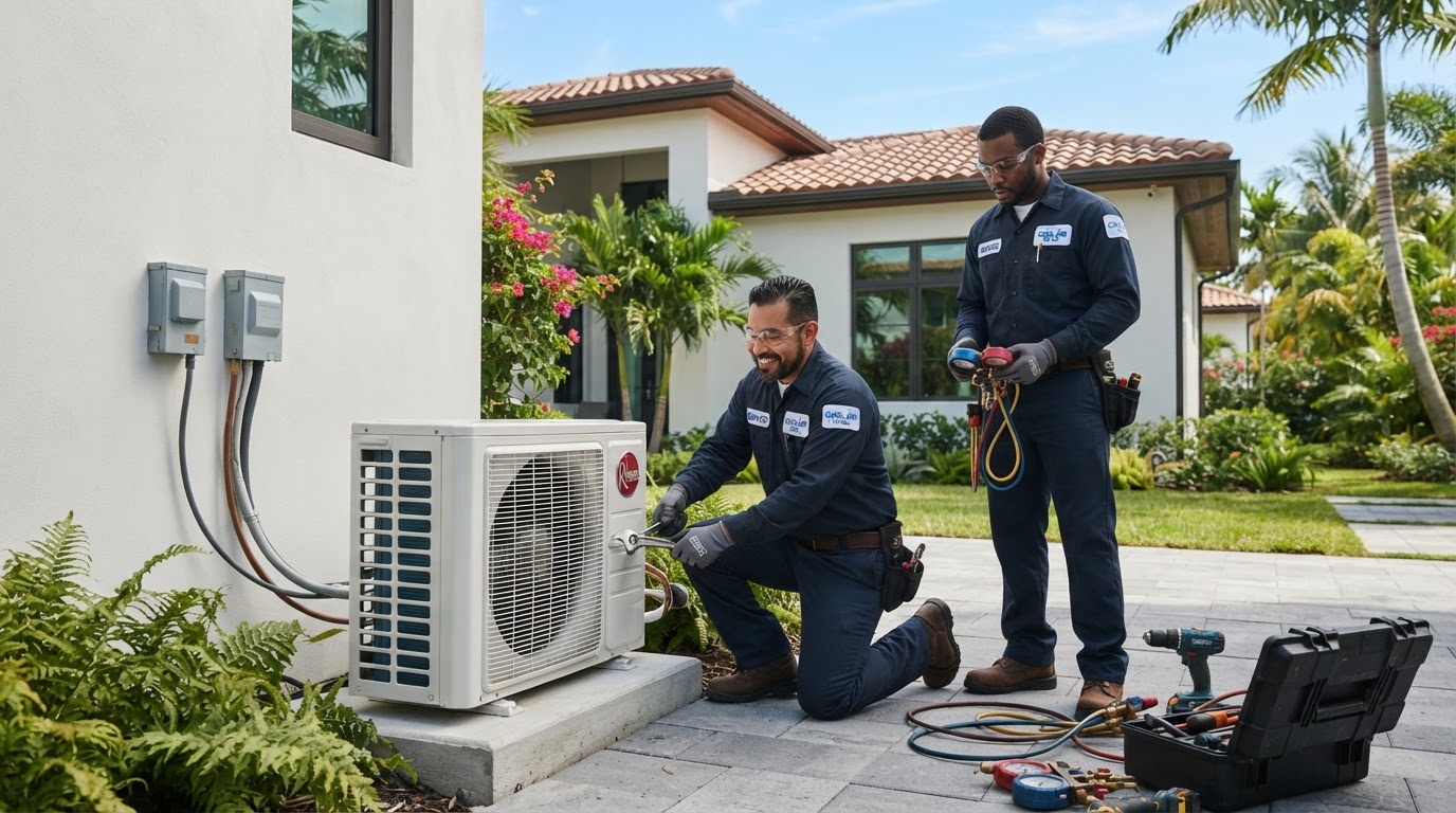 New high-efficiency AC outdoor condenser being installed at a home