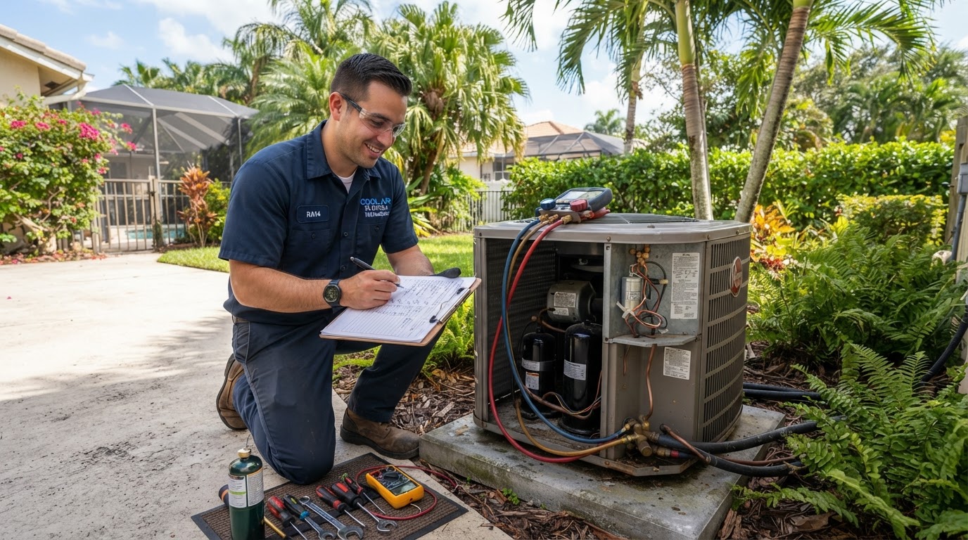 Technician performing an AC maintenance tune-up and system inspection