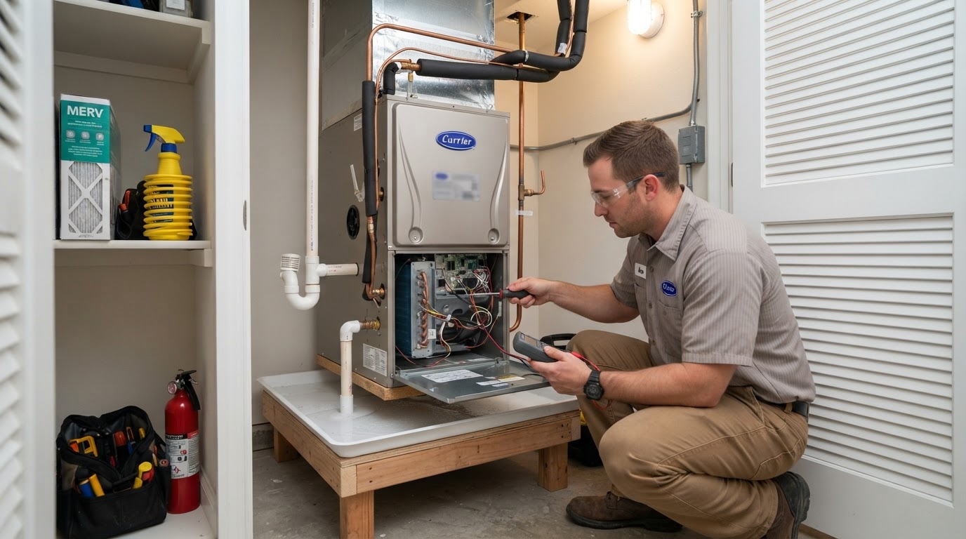 HVAC technician servicing an indoor air handler unit and evaporator coil