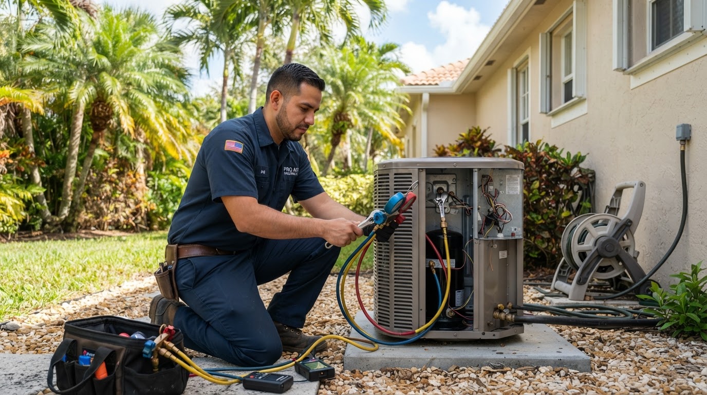 Residential HVAC technician servicing a home air conditioner