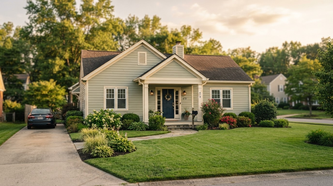 A welcoming American family home at golden hour
