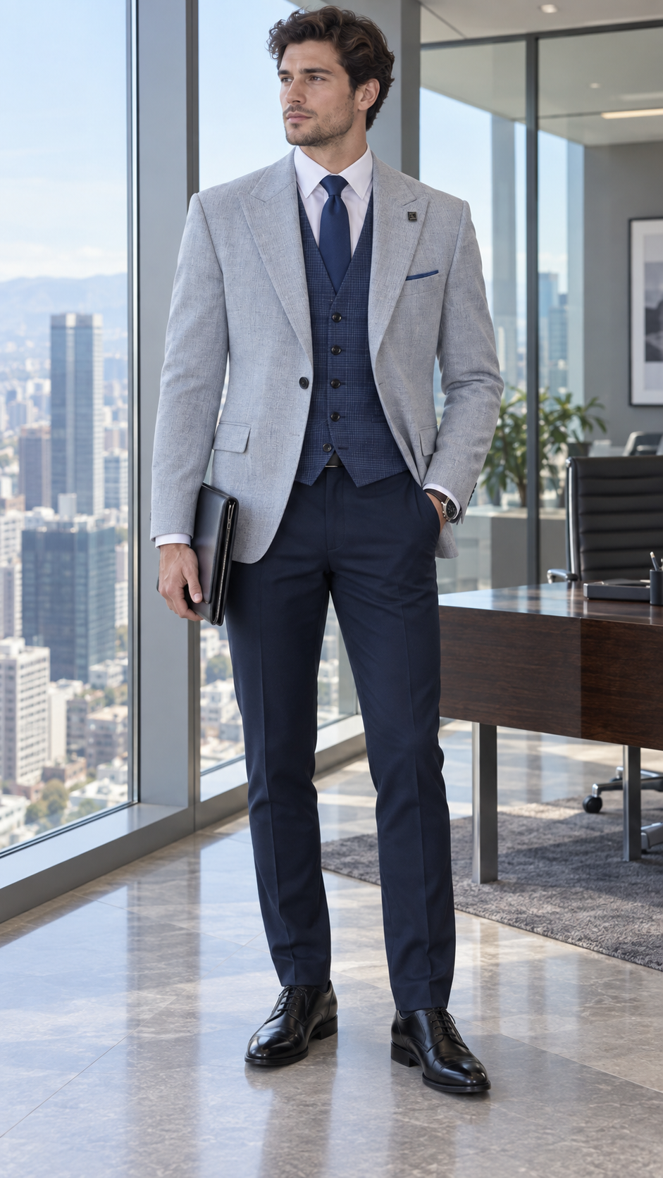 Traje de Tres Piezas Costumen Blazer Gris & Chaleco Navy Líneas Cruzadas (3 Outfits)