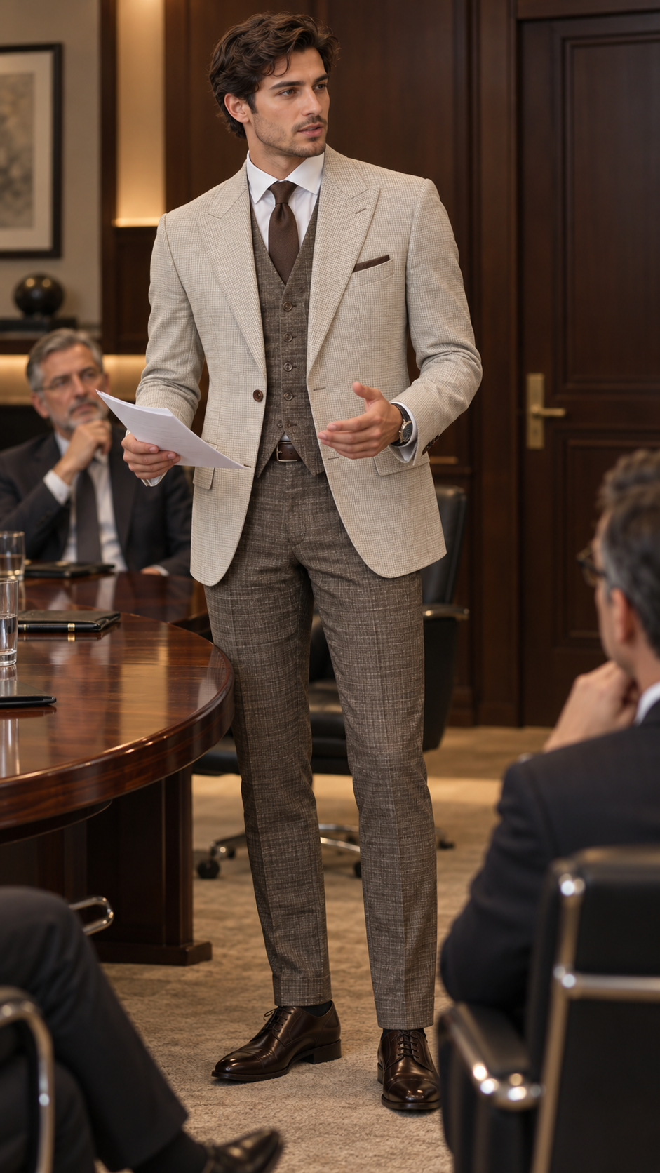Traje de Tres Piezas Costumen Blazer Beige Texturizado & Pantalón Marrón (3 Outfits)