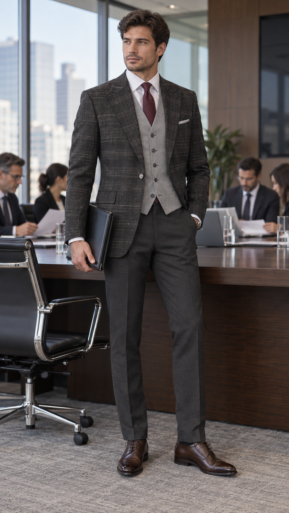 Traje de Tres Piezas Costumen Gris Carbón con Líneas Cruzadas (3 Outfits)