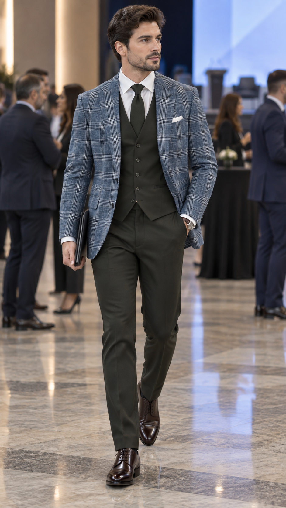 Traje de Tres Piezas Beclin Líneas Cruzadas & Verde Oliva Oscuro (3 Outfits)