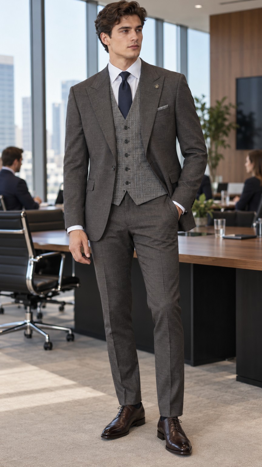 Traje de Tres Piezas Costumen Gris Marrón con Chaleco Reversible (3 Outfits)