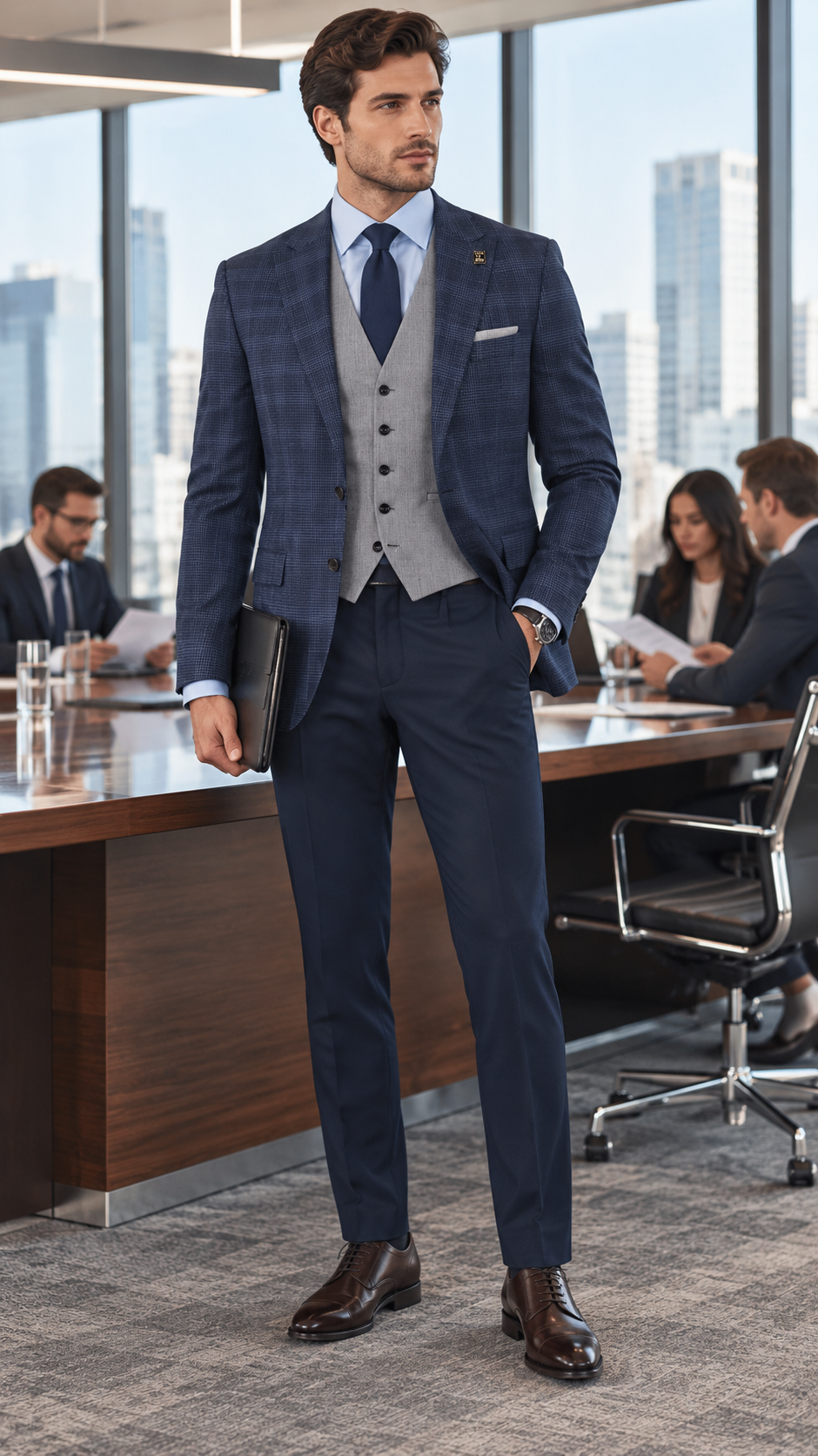 Traje de Tres Piezas Costumen Navy Líneas Cruzadas & Chaleco Gris (3 Outfits)