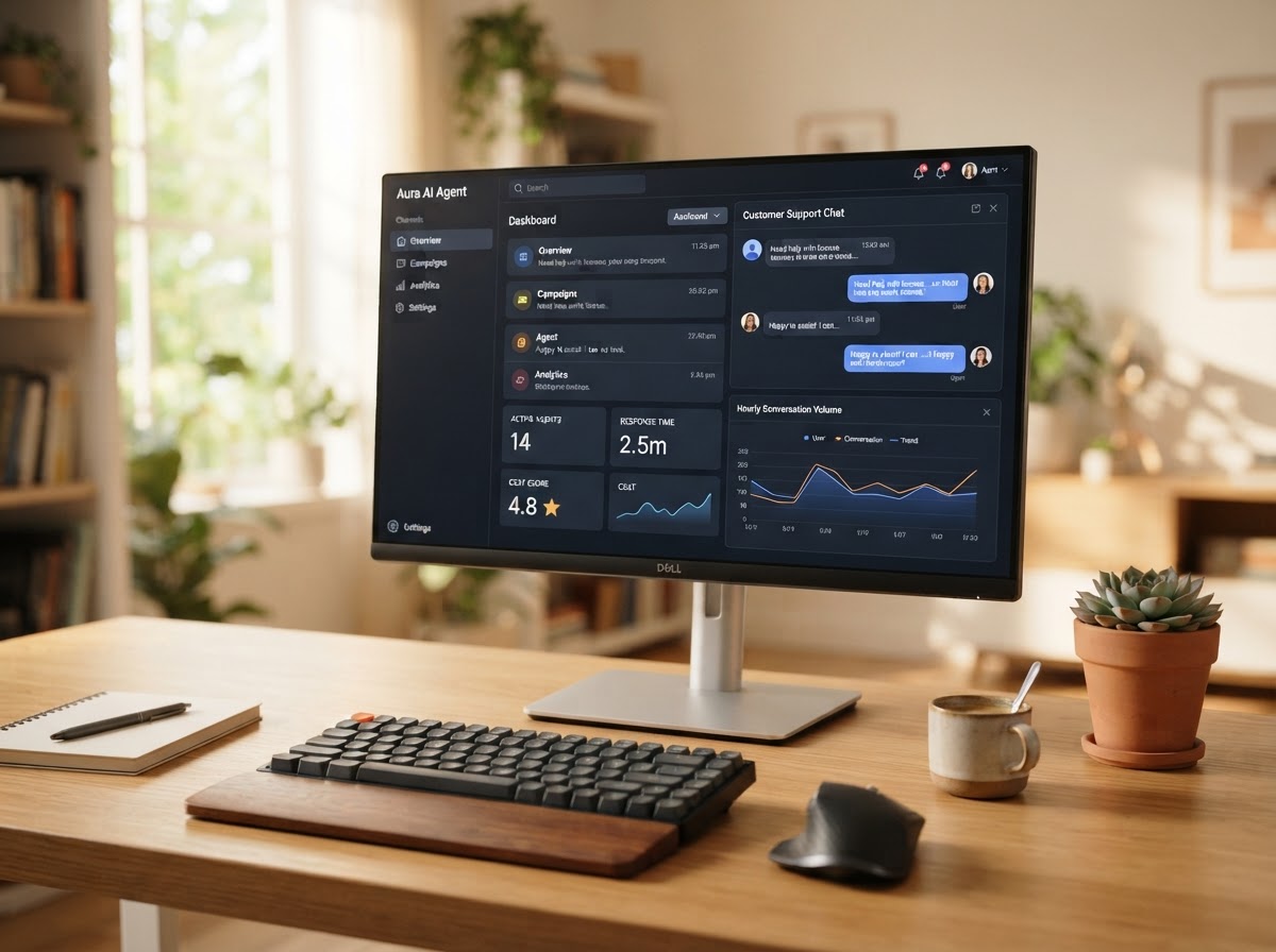 Computer monitor on a desk showing an AI agent dashboard