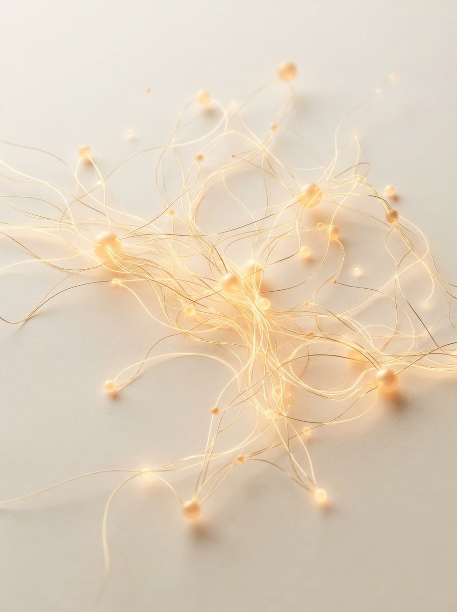 Abstract neural network of glowing gold lines and luminous spheres on ivory, evoking a mind built from light