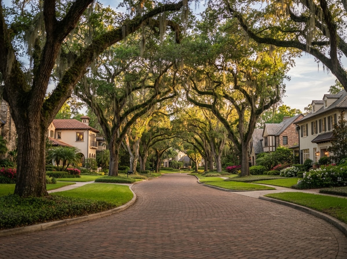 Mature oak trees lining a Central Florida residential street