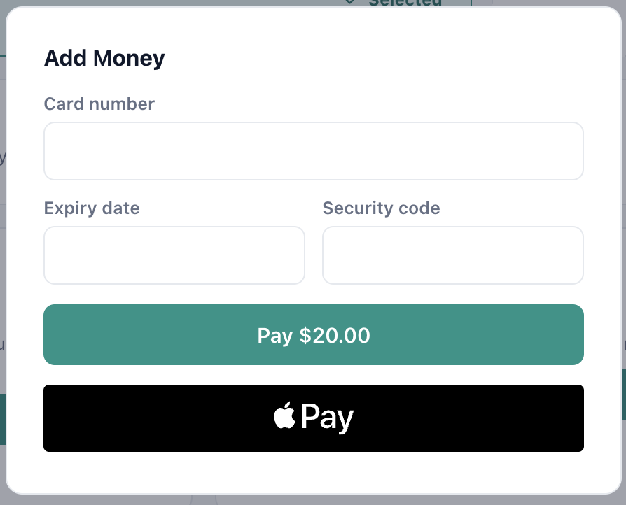 NearCall Real Funding Modal — Add Money with Debit/Credit Card and Apple Pay