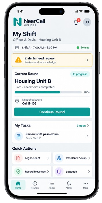 NearCall Officer Handheld — My Shift dashboard for Officer J. Davis showing active rounds, checkpoint tracking, shift pass-down, incident logging, resident lookup, and digital logbook.