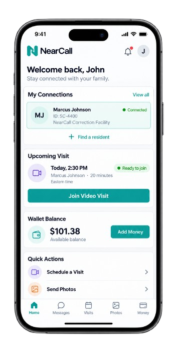 NearCall Family Mobile App — Welcome back, John. Active connections, upcoming video visit, wallet balance, and quick actions.