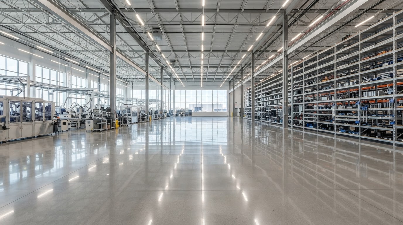 Mirror-polished industrial concrete floor inside a Texas manufacturing plant