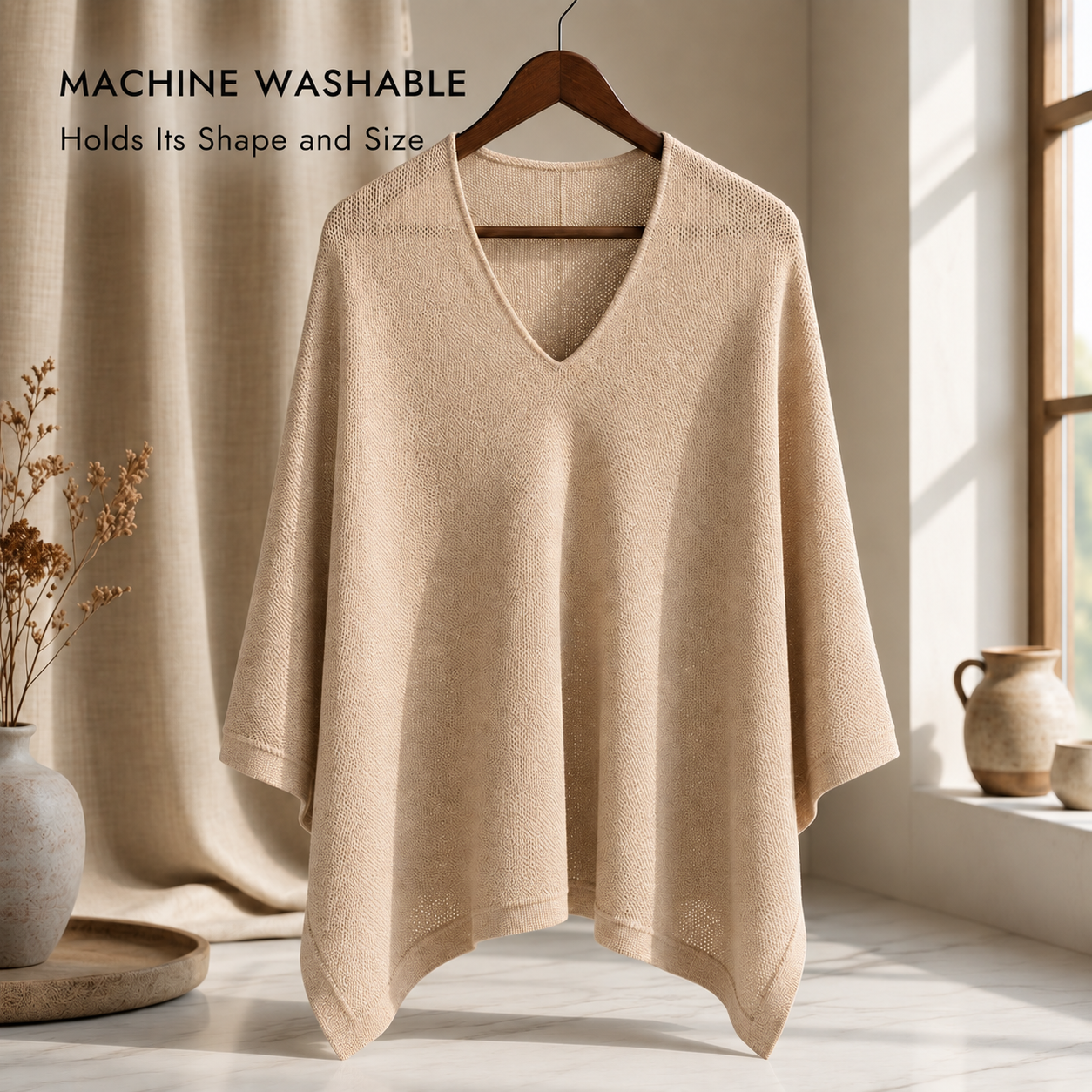 Warm Beige Poncho - Machine washable