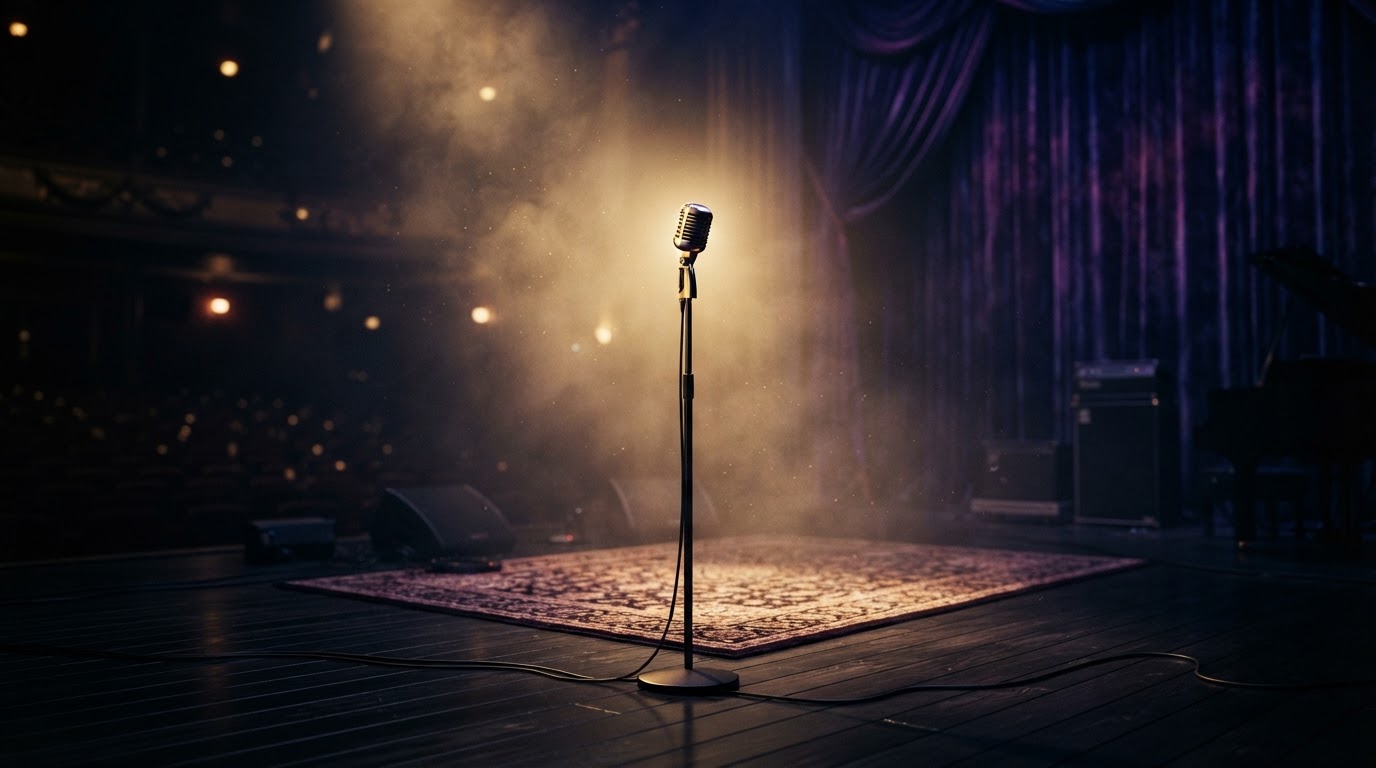 A concert stage lit with a single golden spotlight