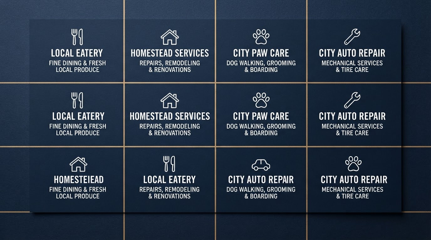 Illustrative example of a landscape postcard divided into a grid of local advertiser tiles.