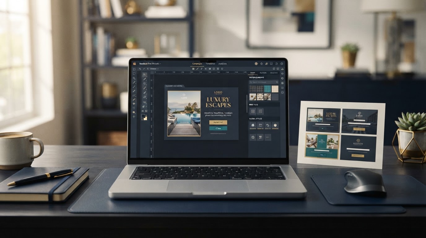 A laptop displaying a postcard advertising design workflow beside a printed postcard with advertiser tiles.