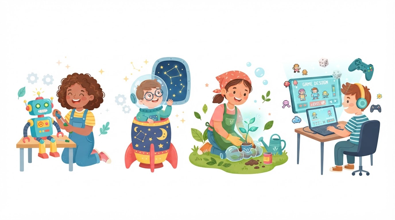 Four kid inventors building a robot, a rocket, a garden, and a game