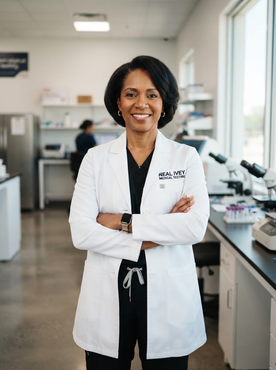 Patricia Chatman, Founder of Neal-Ivey Medical Testing, wearing black scrubs under a crisp white lab coat lettered 'Neal Ivey Medical Testing' in black