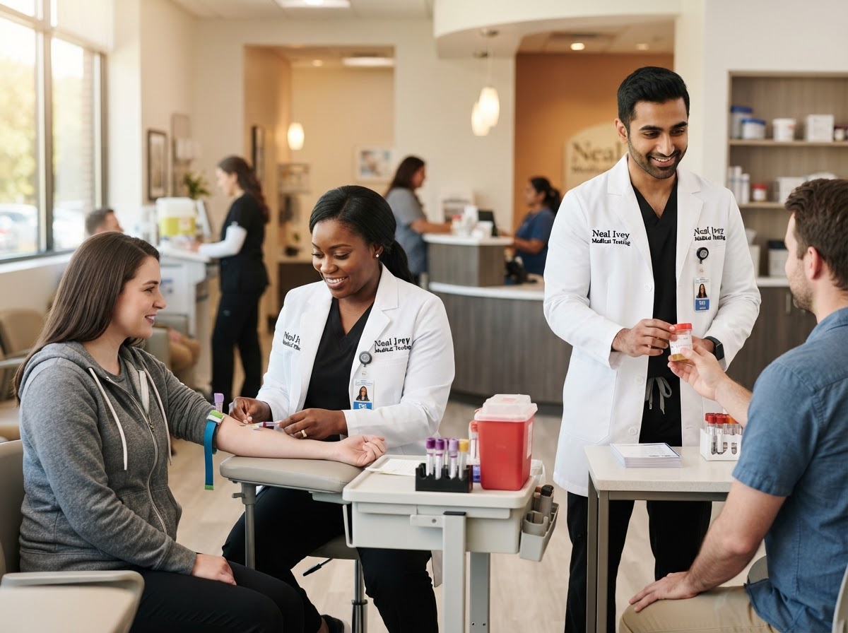 Diverse Neal-Ivey Medical Testing staff wearing black scrubs under crisp white lab coats lettered 'Neal Ivey Medical Testing' in black, drawing blood and handing a sealed urine specimen cup to a client