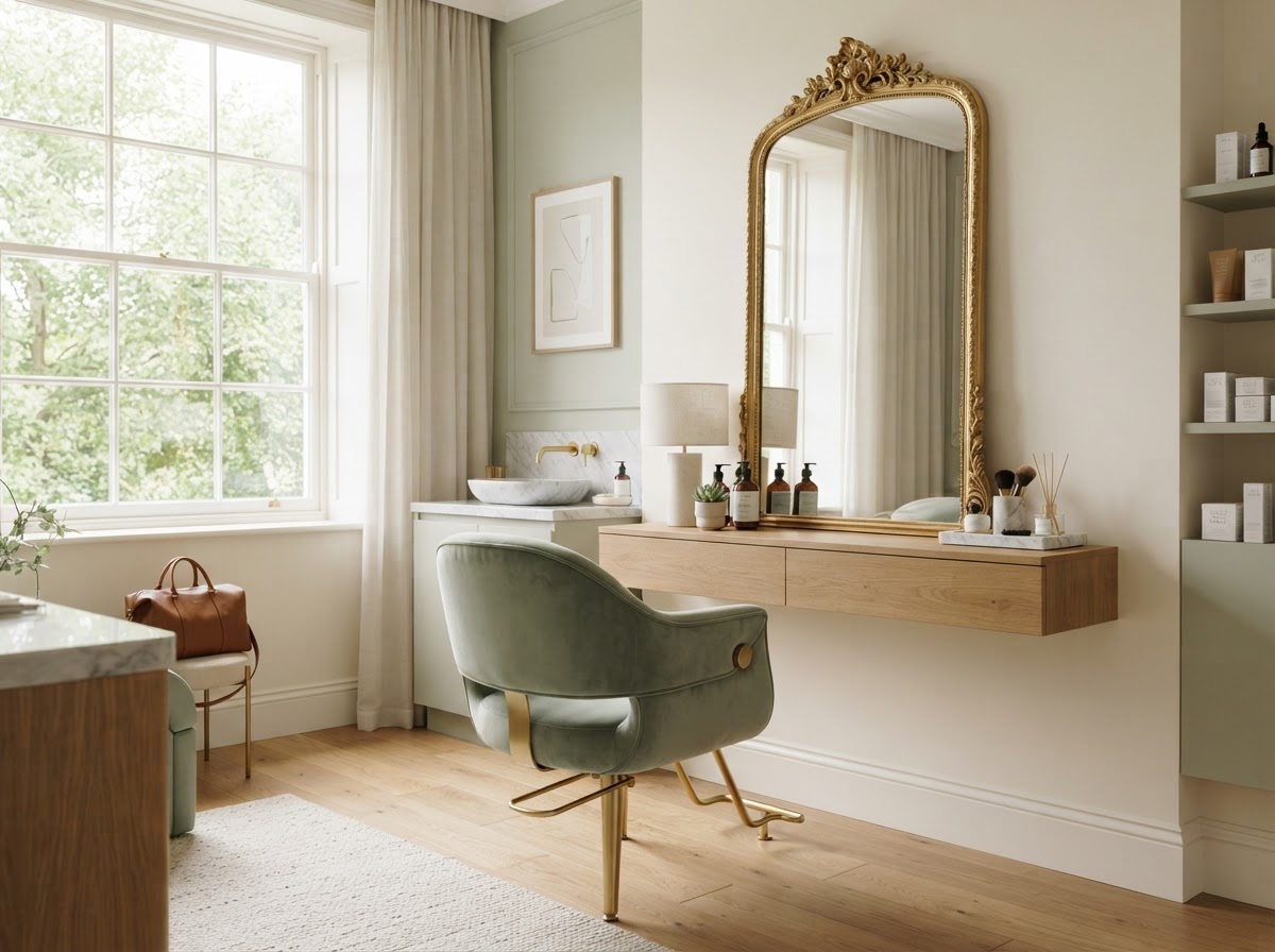 Elegant Luna Glow studio interior with ivory and sage-green tones