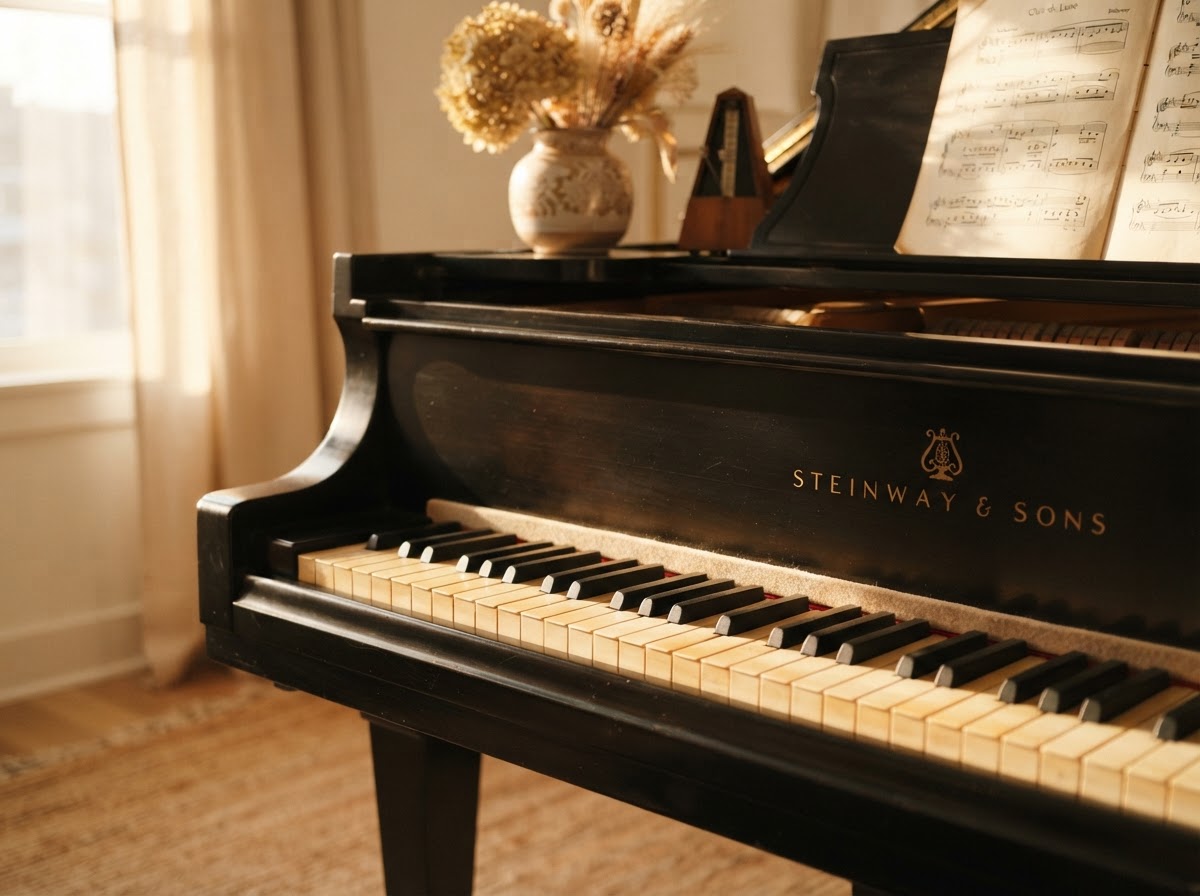 A grand piano in a warm, softly lit studio