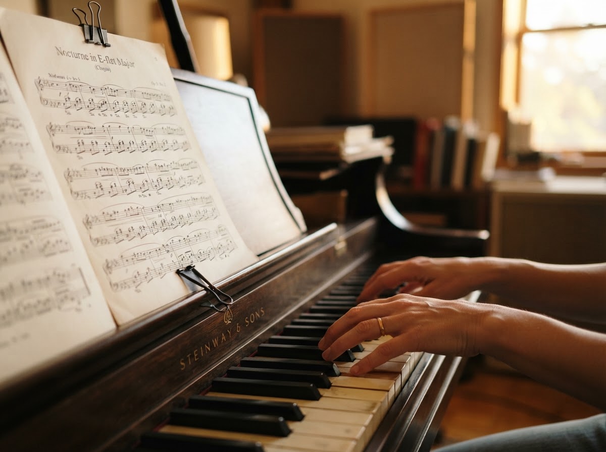 Hands playing piano with sheet music nearby