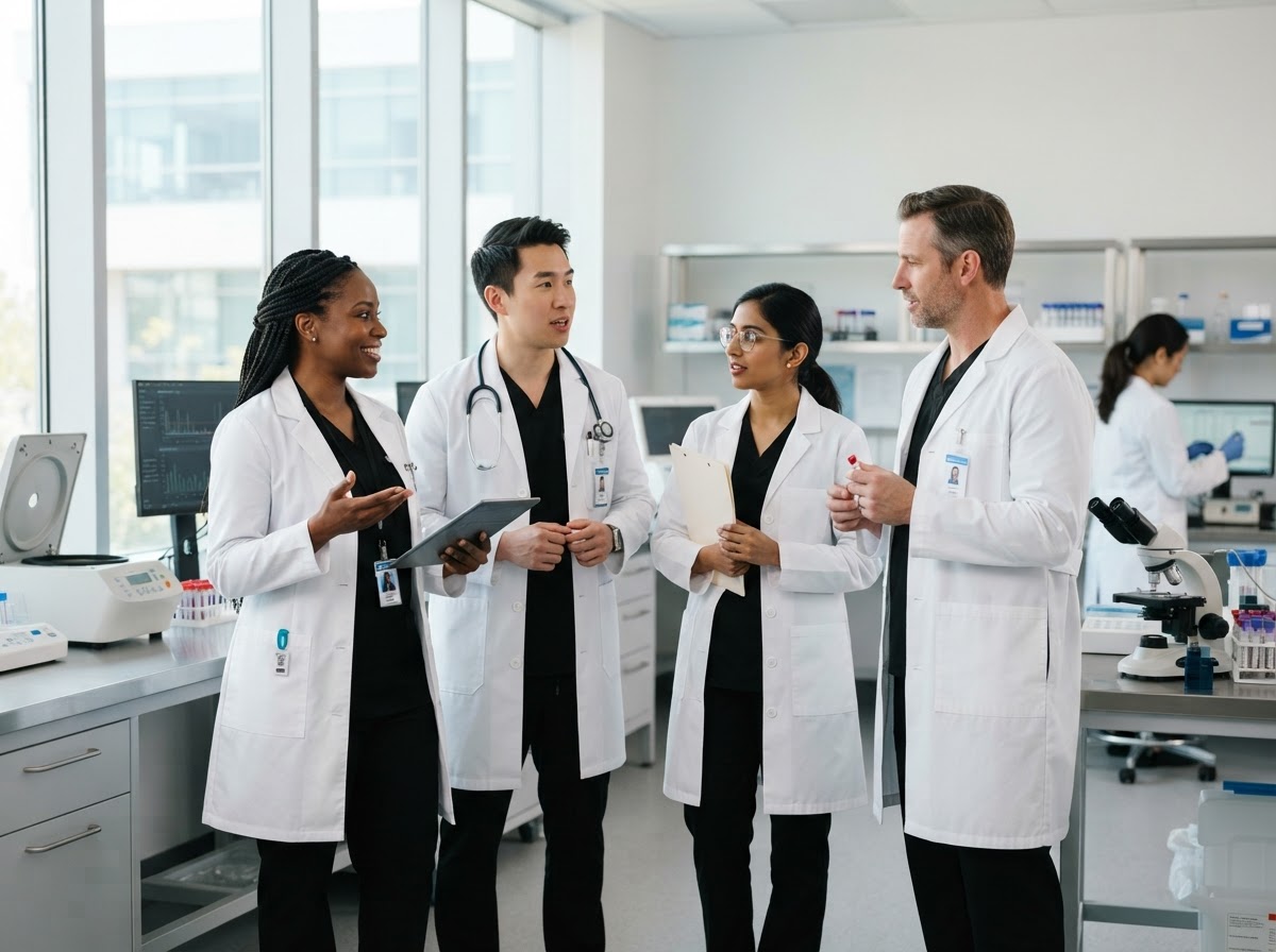Medical professionals in scrubs and lab coats at a modern testing facility