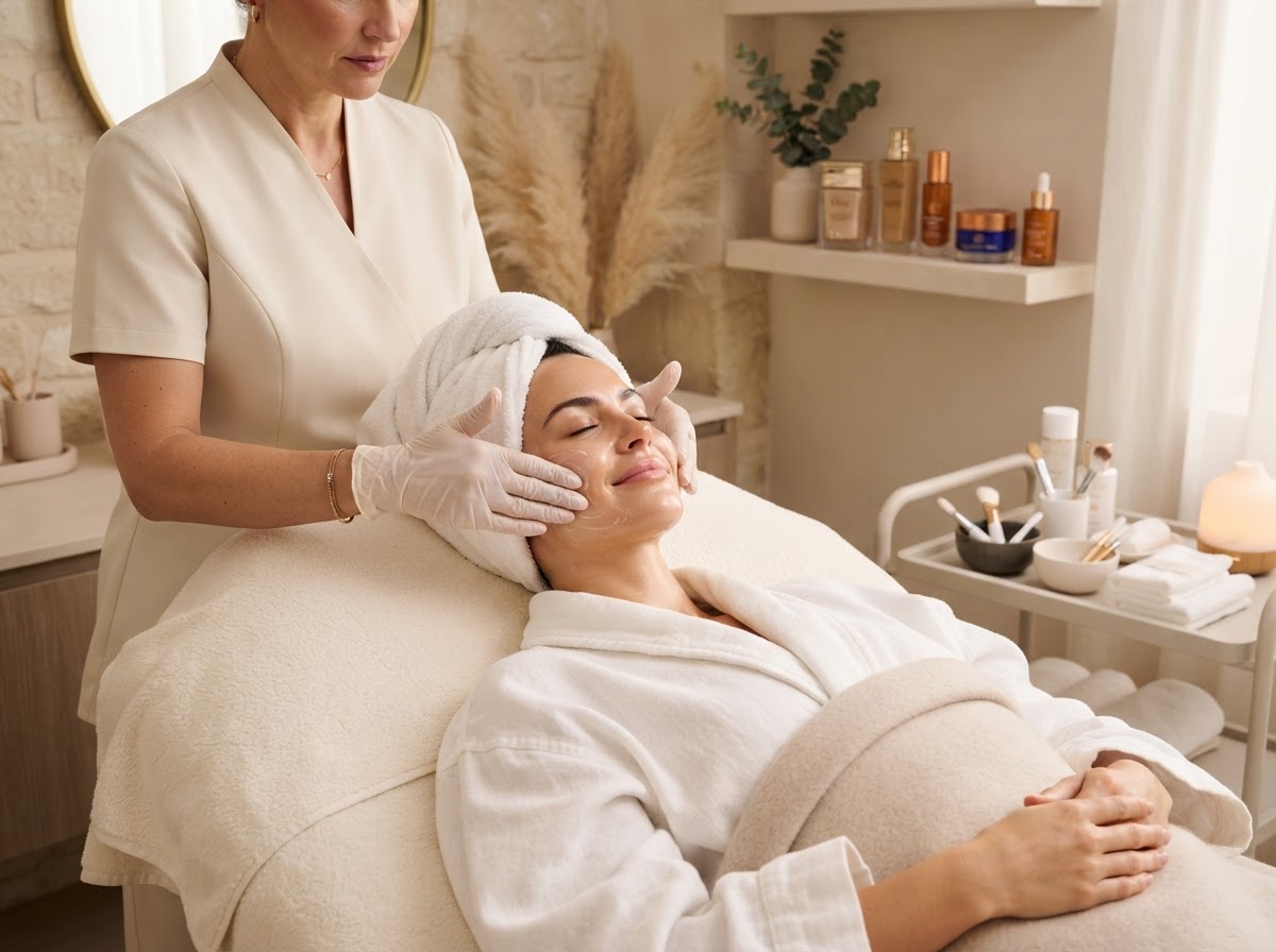 A woman relaxing during a gentle facial skincare treatment