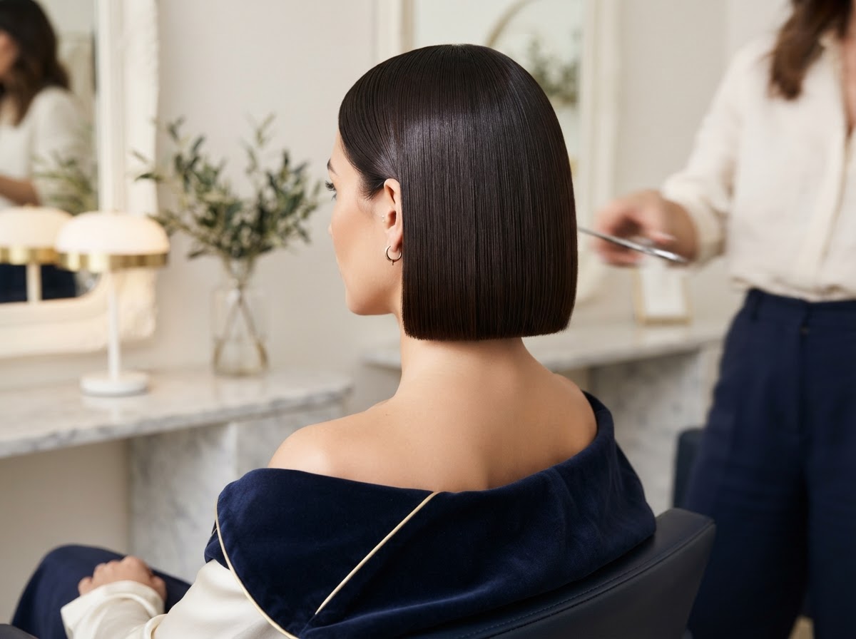 A freshly styled haircut with glossy, precisely cut hair