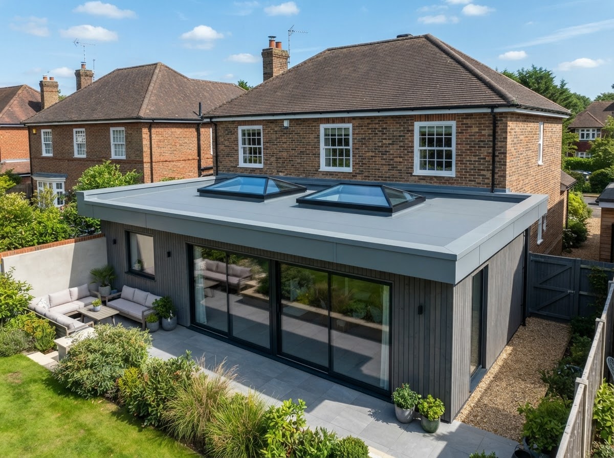 Modern flat roof extension with skylights
