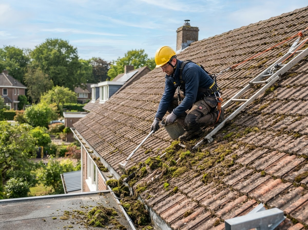 Moss clearance from a tiled pitched roof