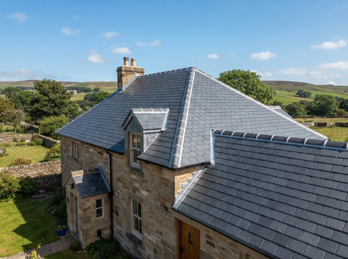Completed slate roof on a Northumberland stone farmhouse