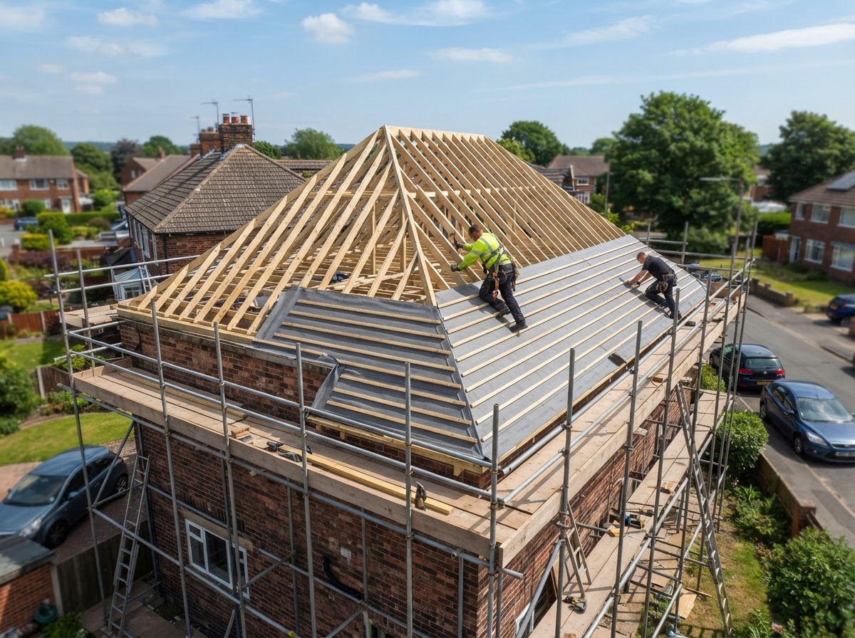 New roof build showing timber rafters and tile battens