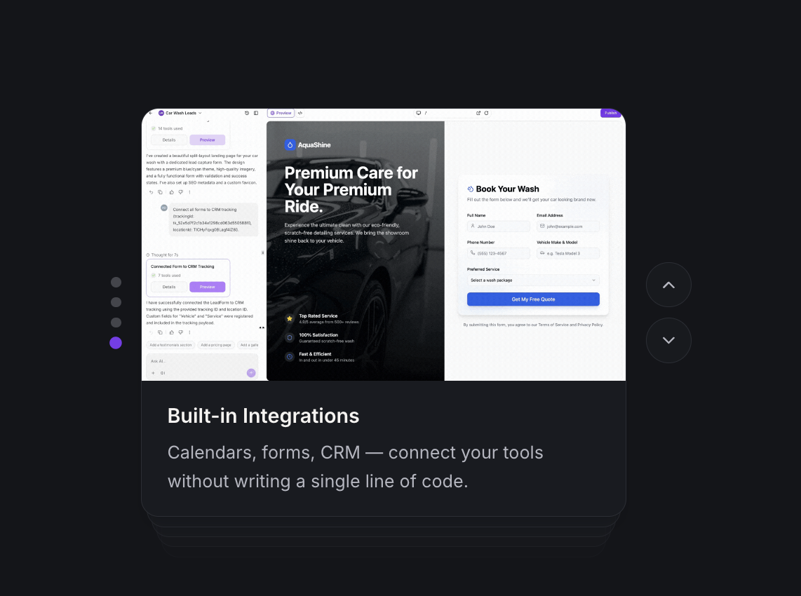 AI Studio interface building a full funnel with built-in integrations, calendar, and lead capture form