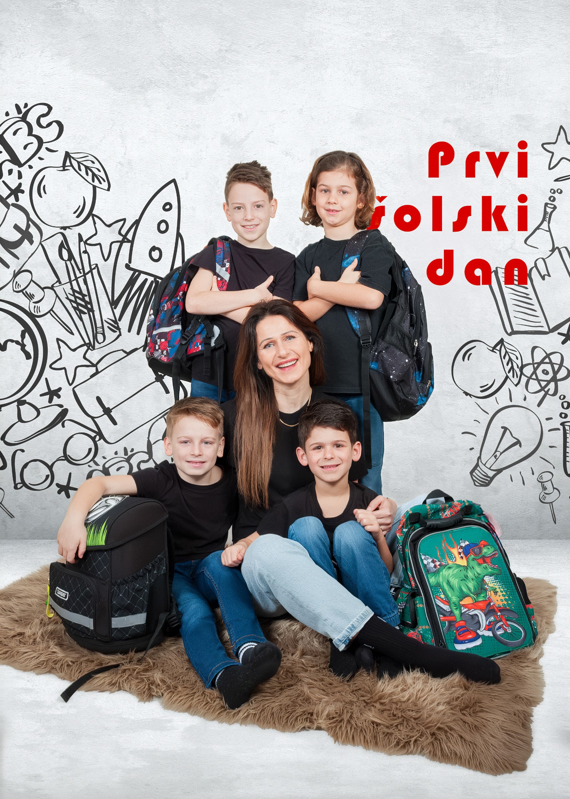 Ponosna šolarja in bratci z mamico — ilustrirano ozadje