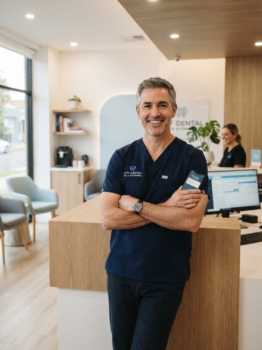 Propietario de clínica dental disfrutando de la tranquilidad que da la respuesta automática con IA
