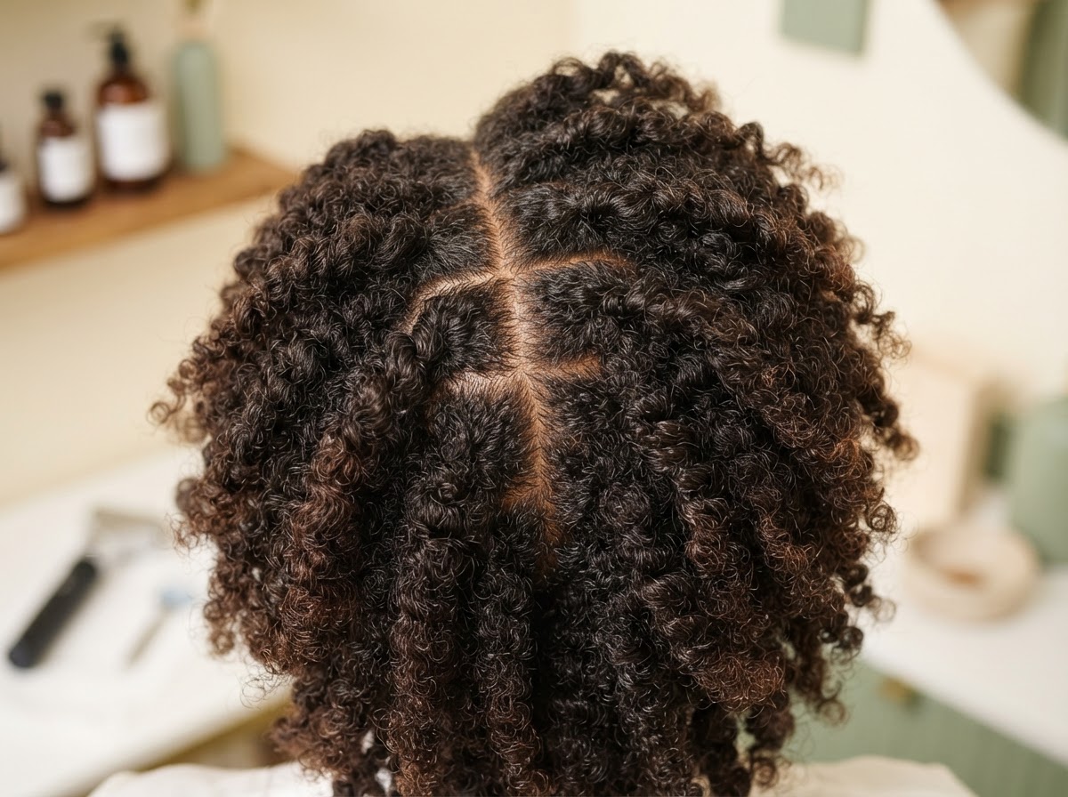 Top-down view of a Black woman's healthy textured hair and scalp.