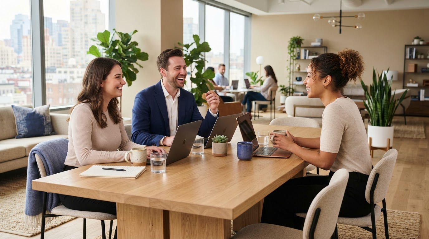 Equipo de negocio reunido en una oficina moderna y luminosa