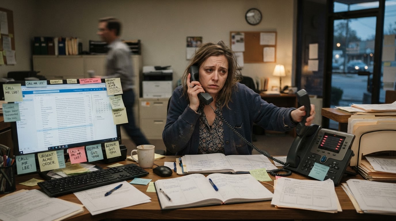 Recepcionista saturada por llamadas y mensajes sin responder